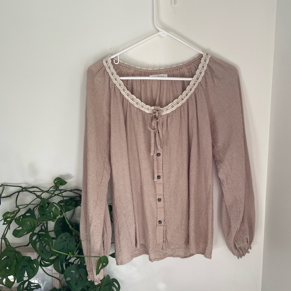 SOLD Neuflora Brown Button-Up Blouse with Lace Detail